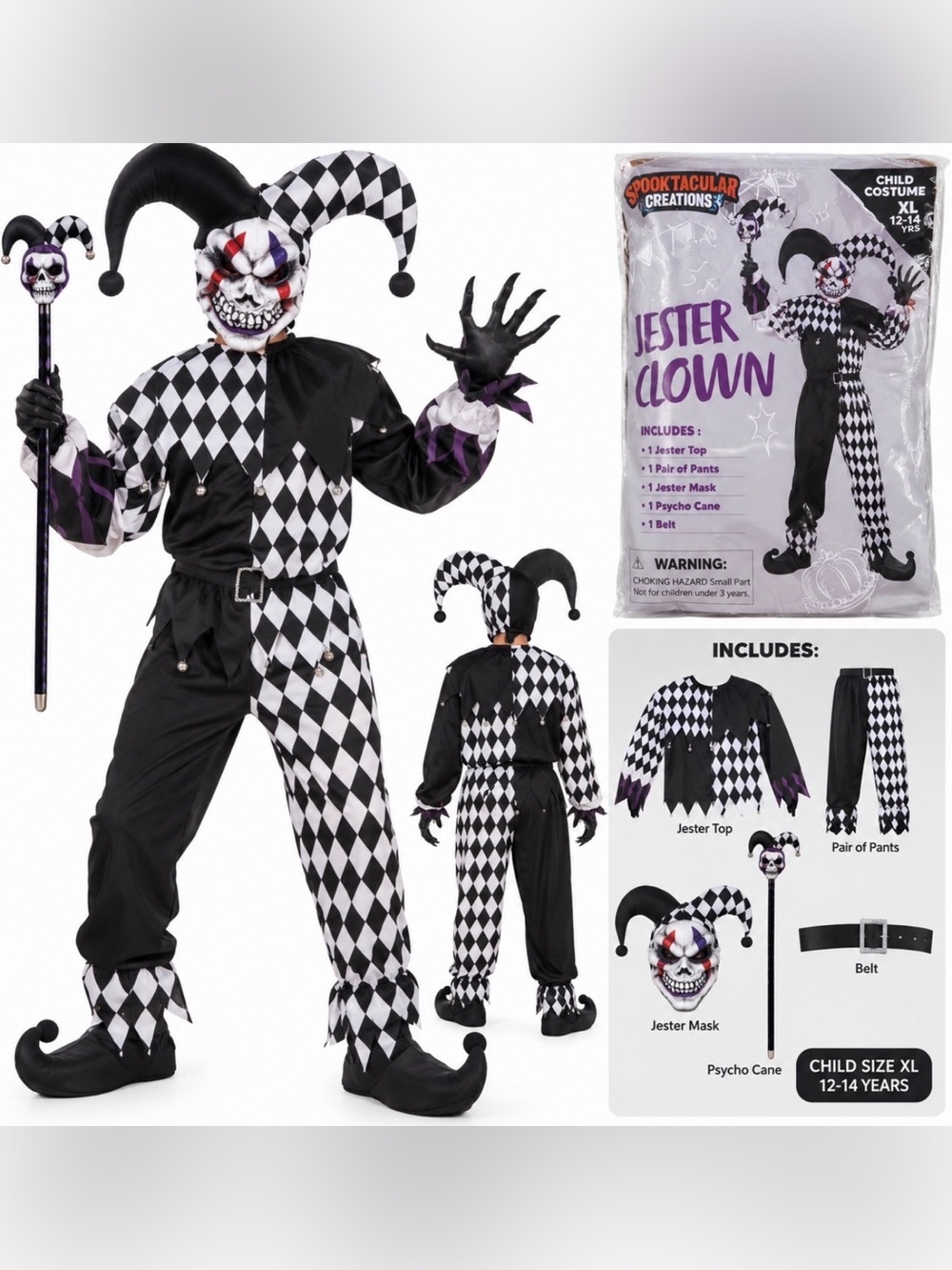 Spooktacular Creations Jester Clown Halloween Costume Child XL 12-14 Scary